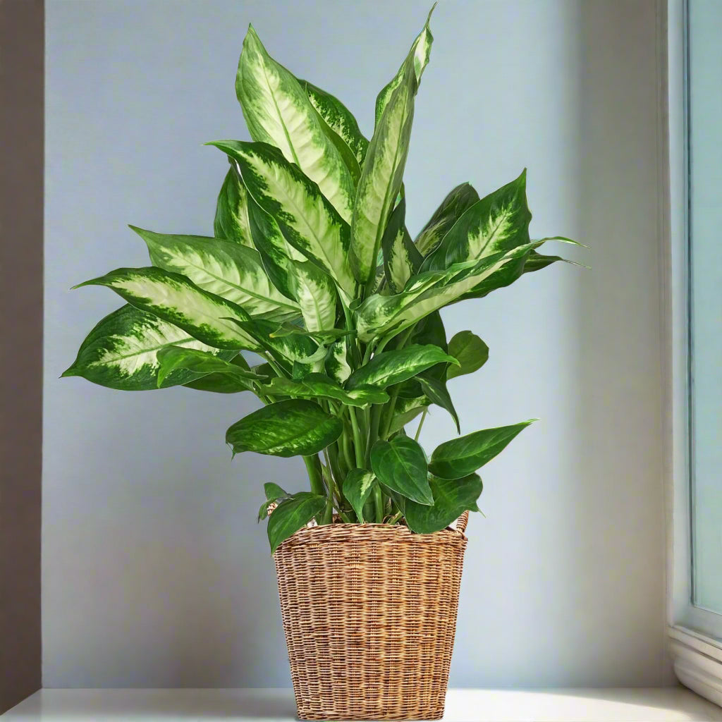 Dieffenbachia 'Camille' houseplant in a basket style planter on a wooden countertop against white tile backsplash.