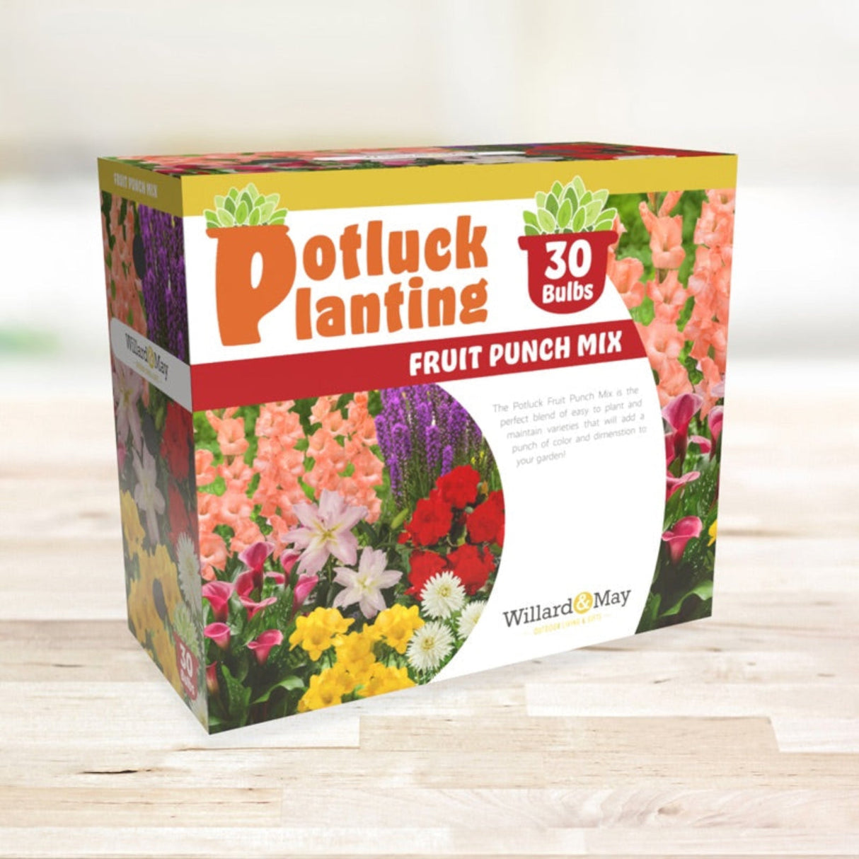 Potluck Planting Fruit Punch Mix box with images of colorful flowers, including red, yellow, pink, and white blooms.
