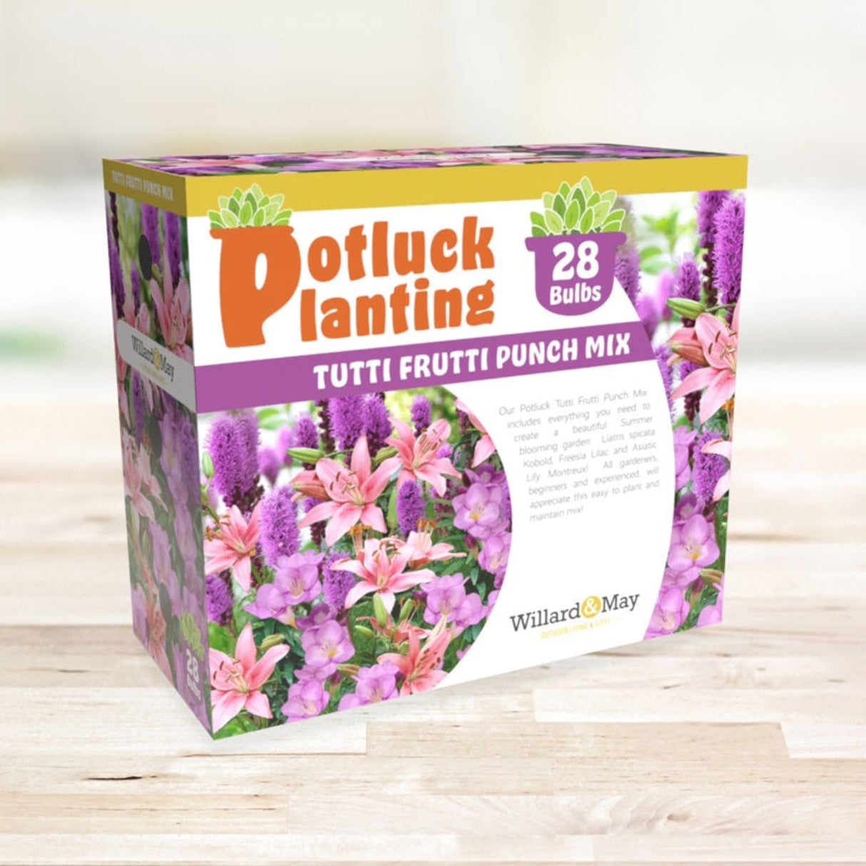 Box for the potluck planting tutti fruity punch mix showing its variety of flowers and saying it is a 28 bulb pack