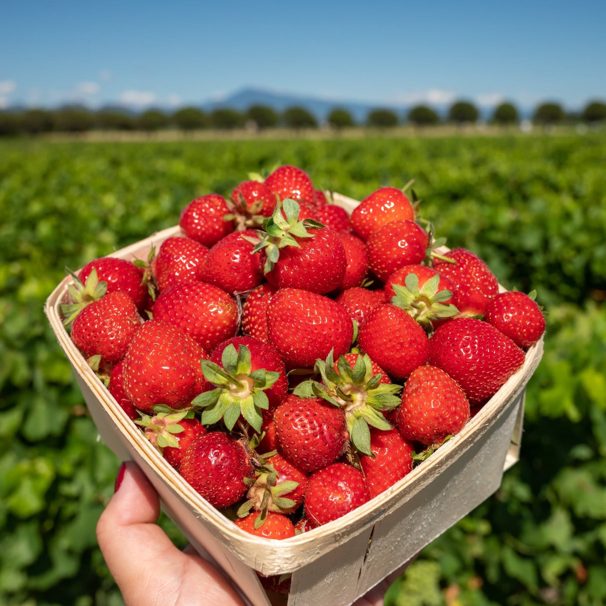 Strawberry plants growing in a strawberry field with a bunch of bright red strawberries in a wooden basket