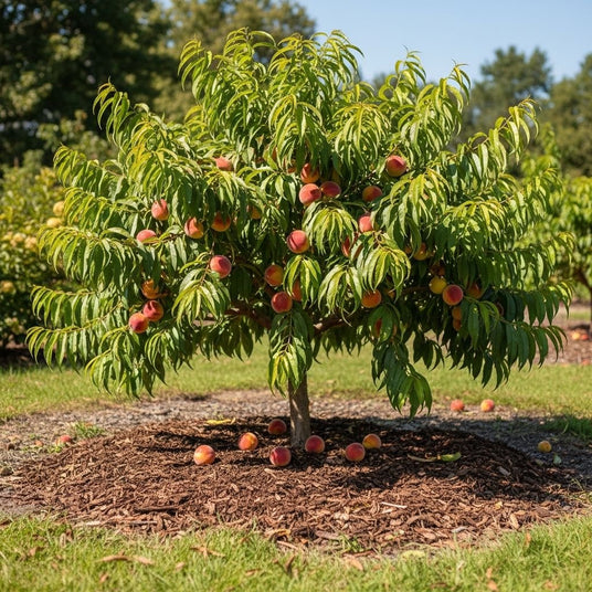 Peach tree with ripe peaches in an orchard setting