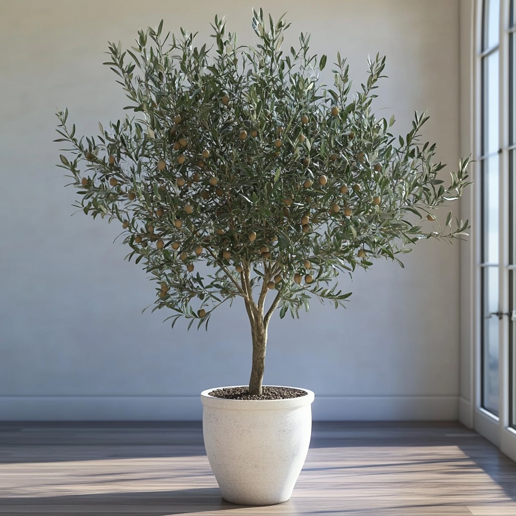 Arbequina Olive Tree in white planter in an empty room near glass French doors.