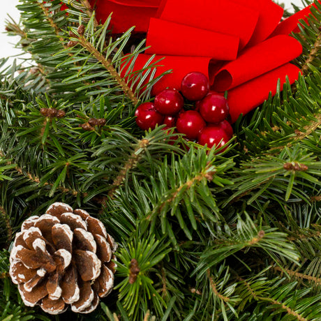 Zoomed view of the "kissing ball" foliage with a small pine cone and red ornamental berries near a bow, intended to be a mistletoe comparison.