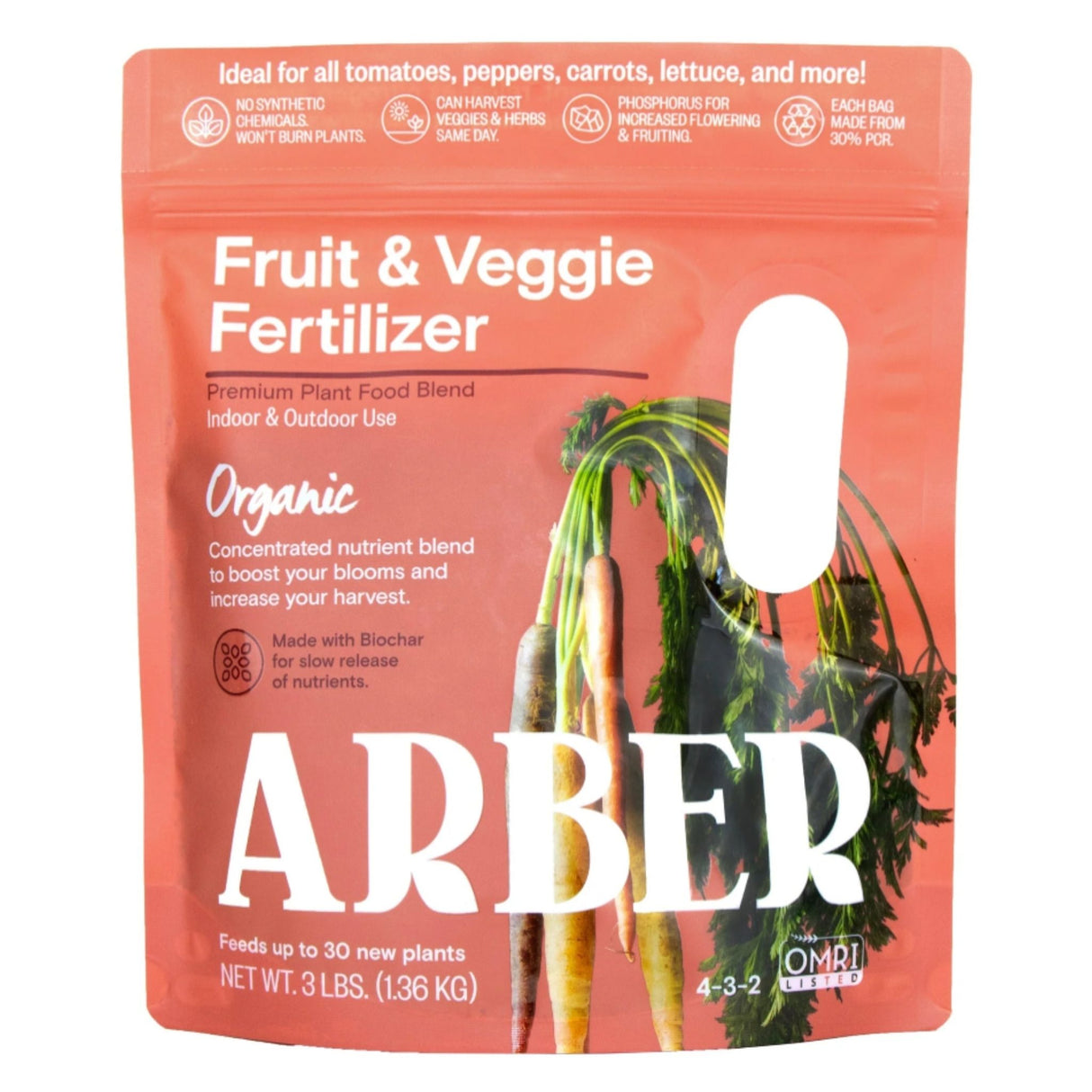 Packaging of the Organic Arber Fruit and Veggie Fertilizer, 3 pound package that shows it feeds up to 30 new plants and is a 4-3-2 blend