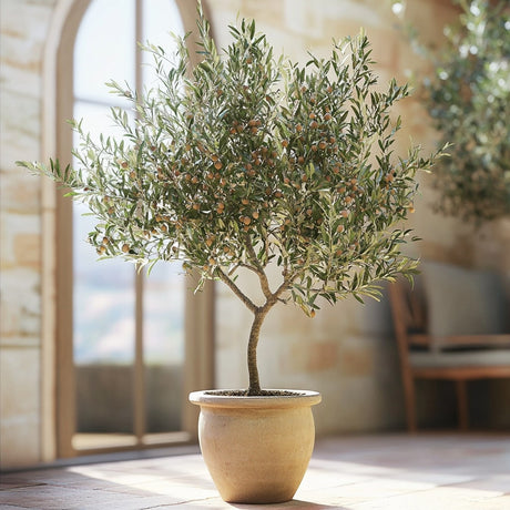 Tuscan style backdrop showcasing an indoor arbequina olive tree with many ripe olives in a textured stone planter.