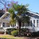 A tall windmill palm tree in front of a white house with a porch.